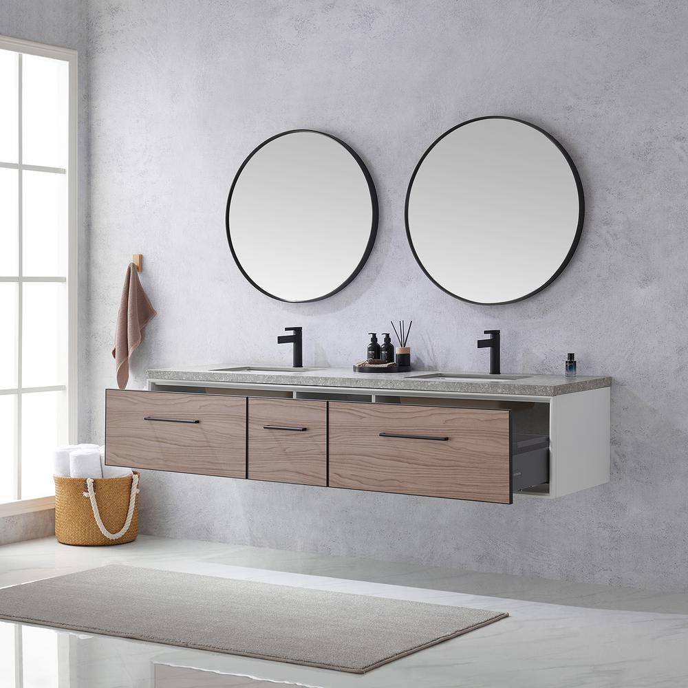 Double Sink Bath Vanity in Light Walnut with Grey Sintered Stone Top and Mirror. Picture 6