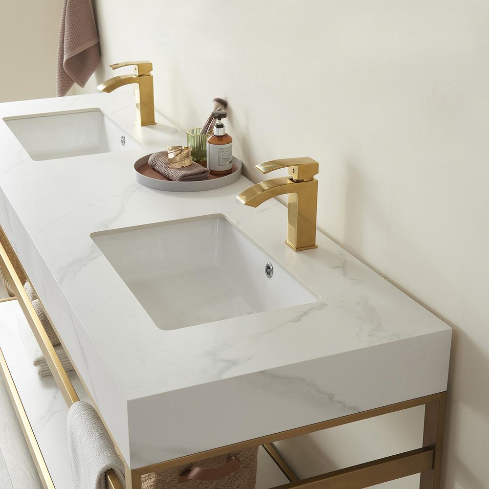 Double Sink Bath Vanity Metal Support with White Sintered Stone Top. Picture 6