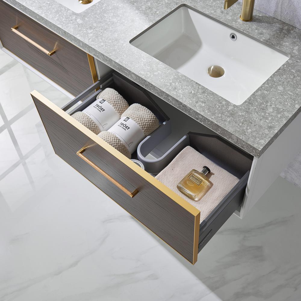 Double Sink Bath Vanity in Dark Walnut  with Grey Sintered Stone Top. Picture 8