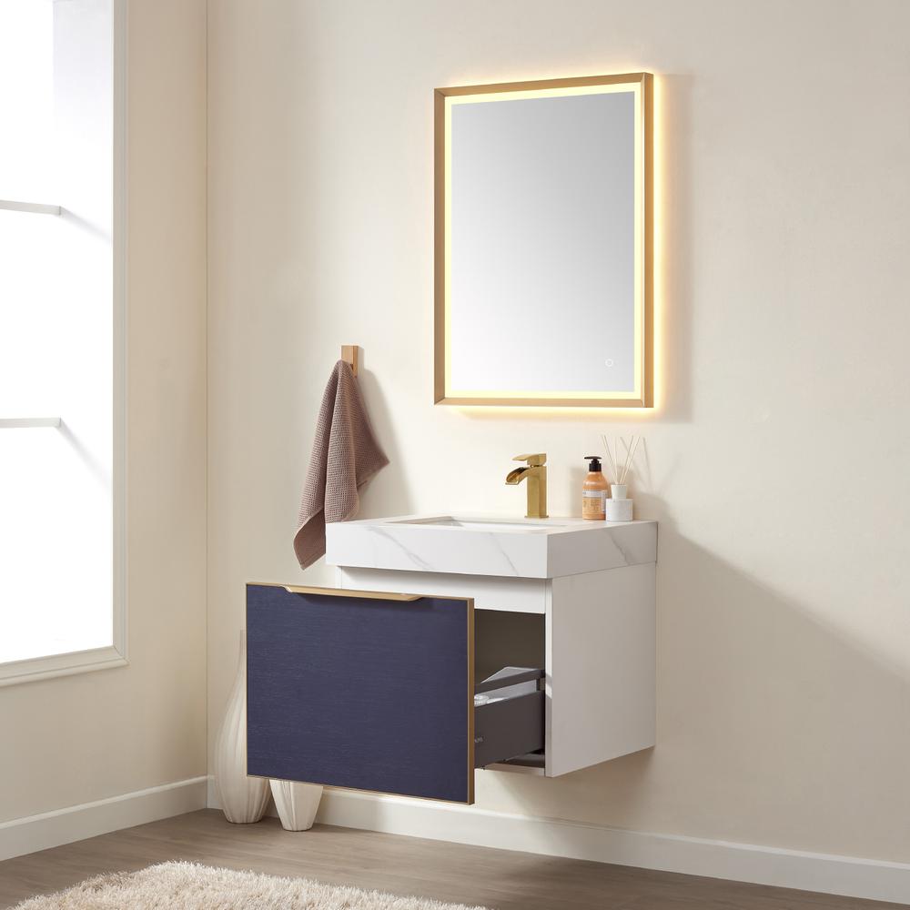 Single Sink Bath Vanity in Blue with White Sintered Stone Top and Mirror. Picture 4