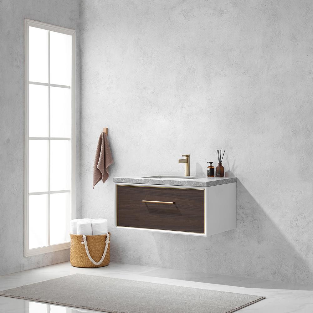 Single Sink Bath Vanity in Dark Walnut  with Grey Sintered Stone Top. Picture 13