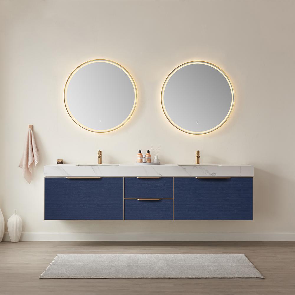 Double Sink Bath Vanity in Blue with White Sintered Stone Top and Mirror. Picture 6