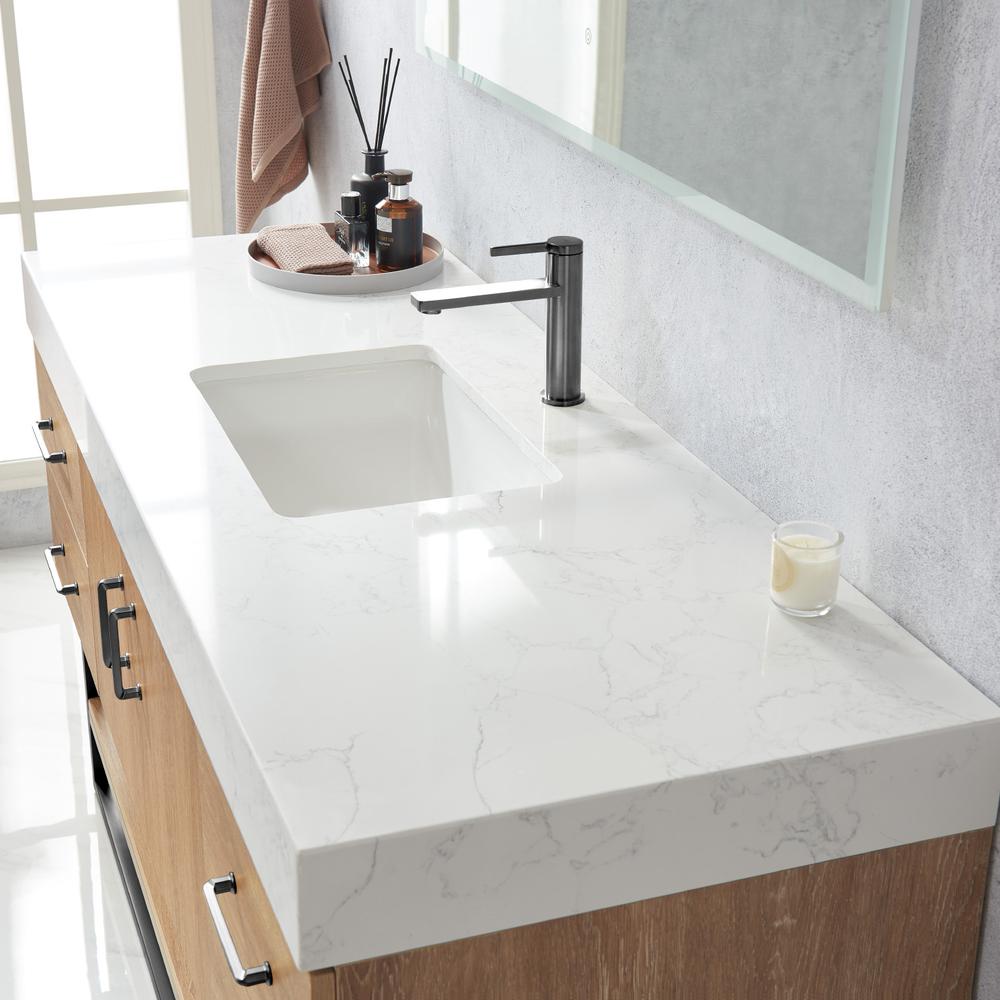 60BS" Single Sink Bath Vanity with White Grain Stone Countertop and Mirror. Picture 7