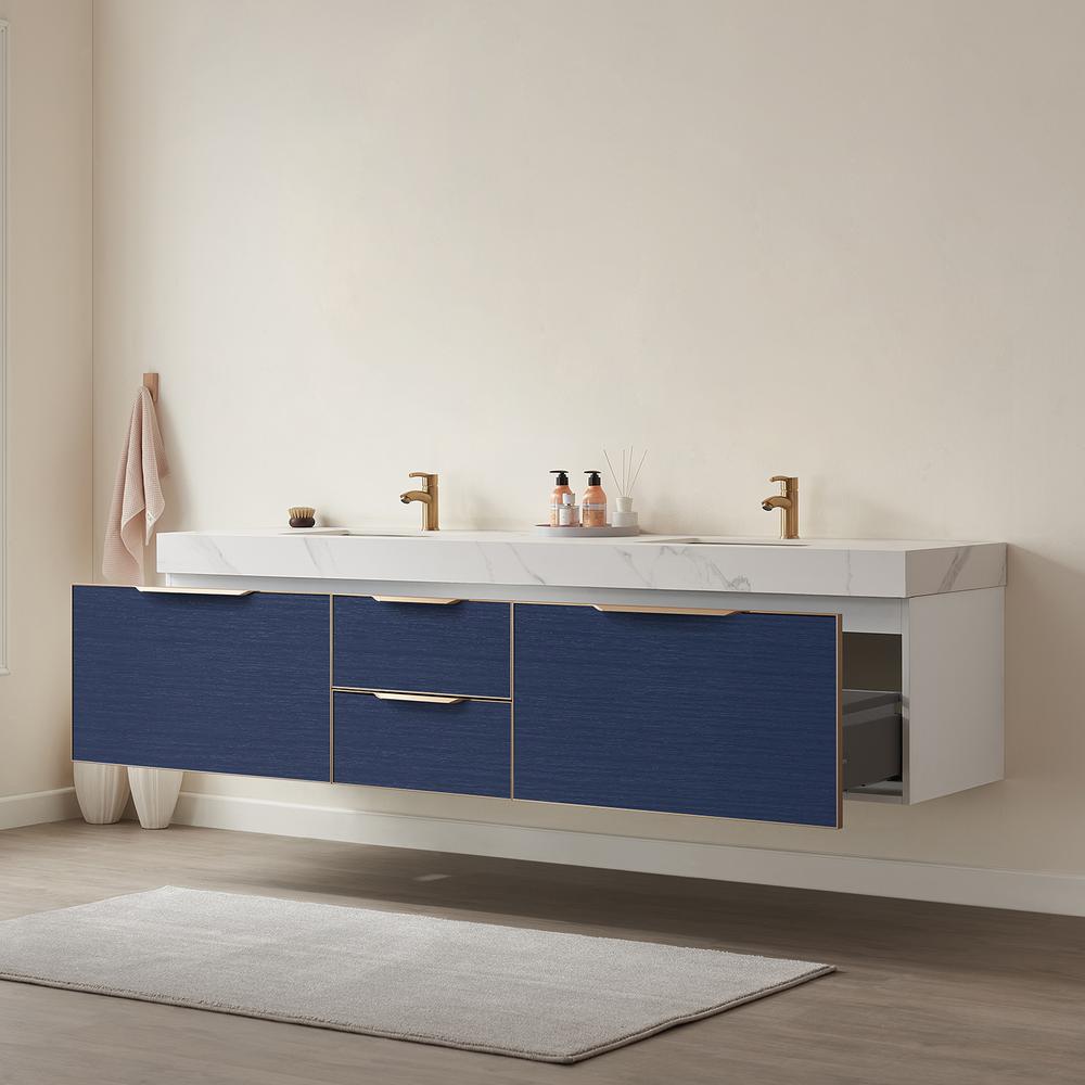 Alicante 84" Double Sink Bath Vanity in Blue with White Sintered Stone Top. Picture 6
