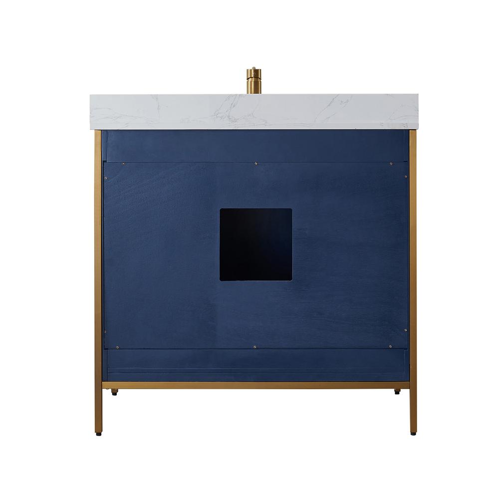 Vanity in Royal Blue with White Composite Grain Stone Countertop With Mirror. Picture 2