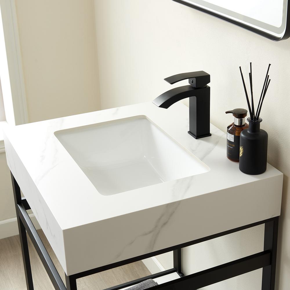 Single Sink Bath Vanity Metal Support with White Sintered Stone Top and Mirror. Picture 6