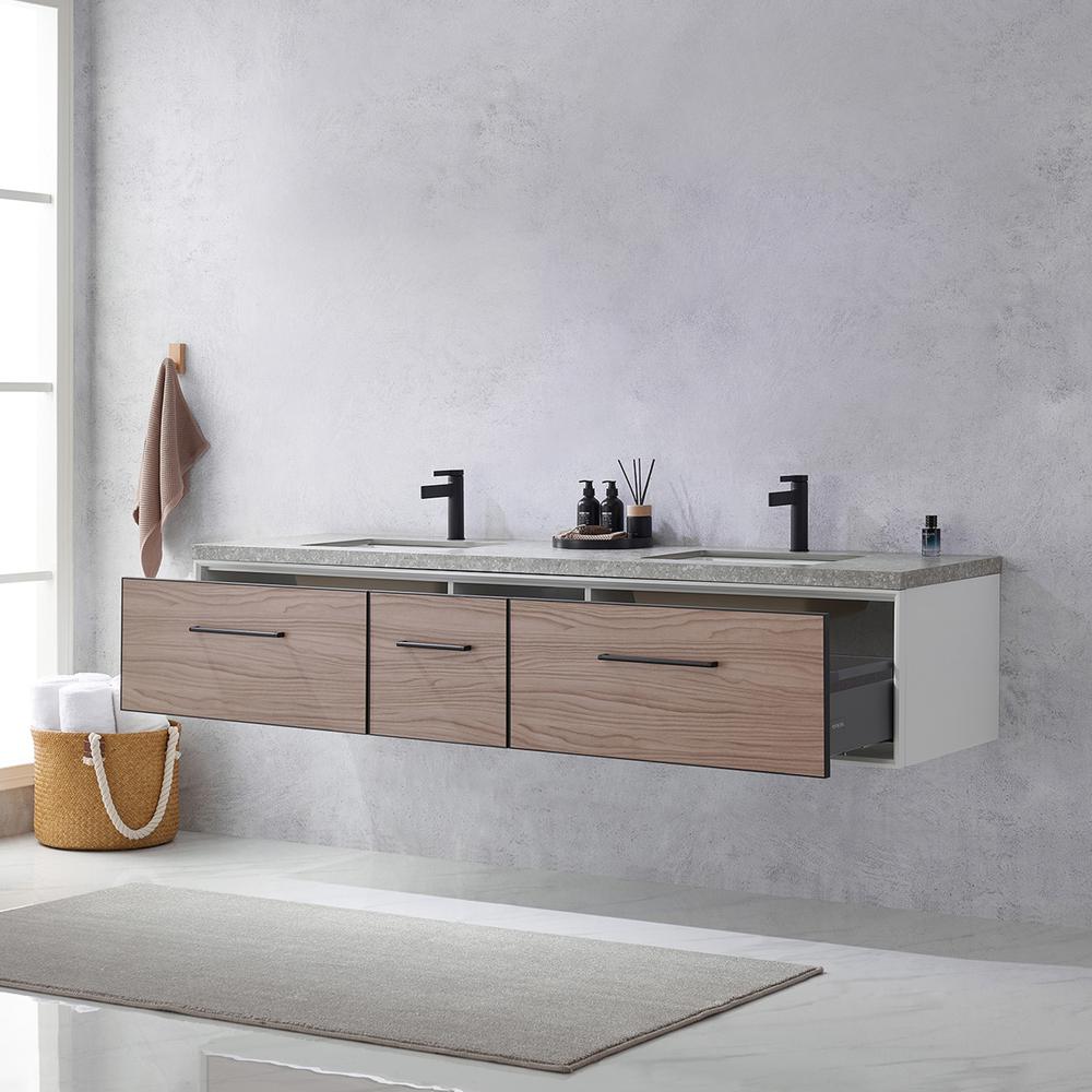 Double Sink Bath Vanity in Light Walnut with Grey Sintered Stone Top. Picture 6