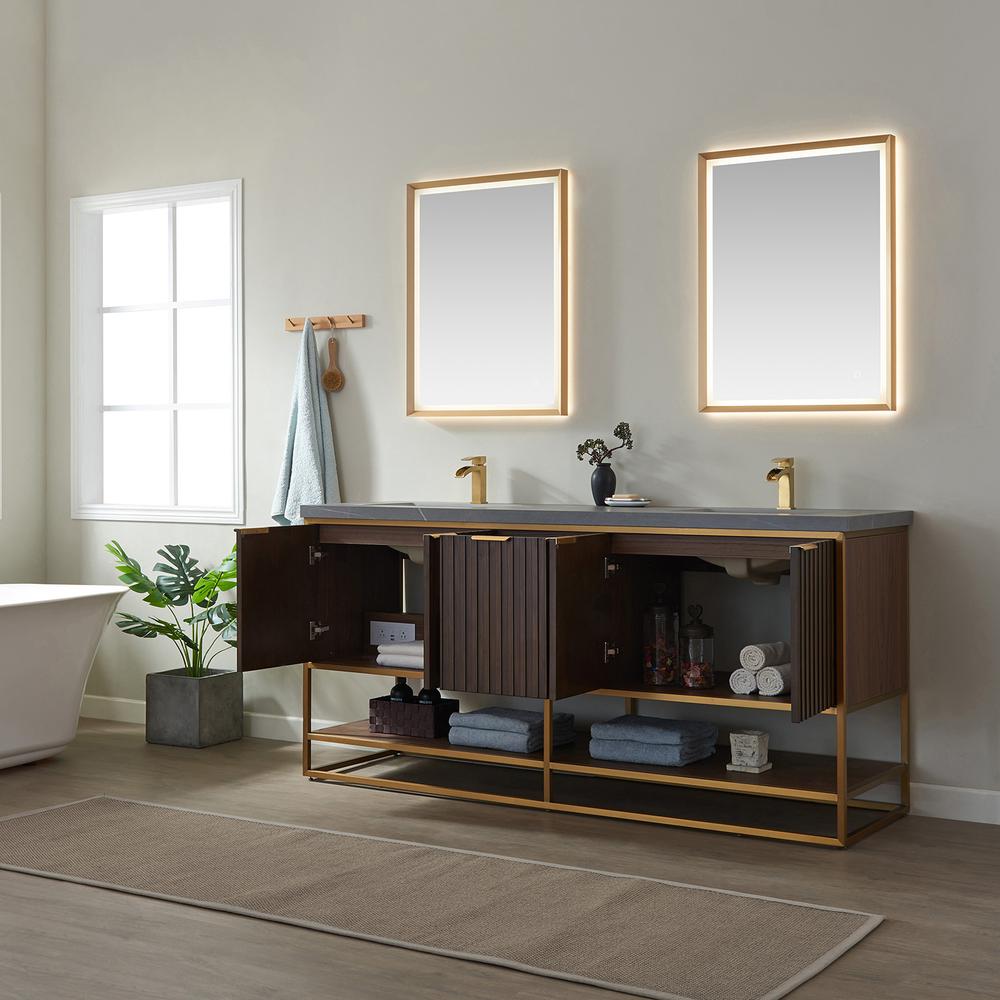 Vanity in Walnut Composite Armani limestone board stone countertop With Mirror. Picture 5