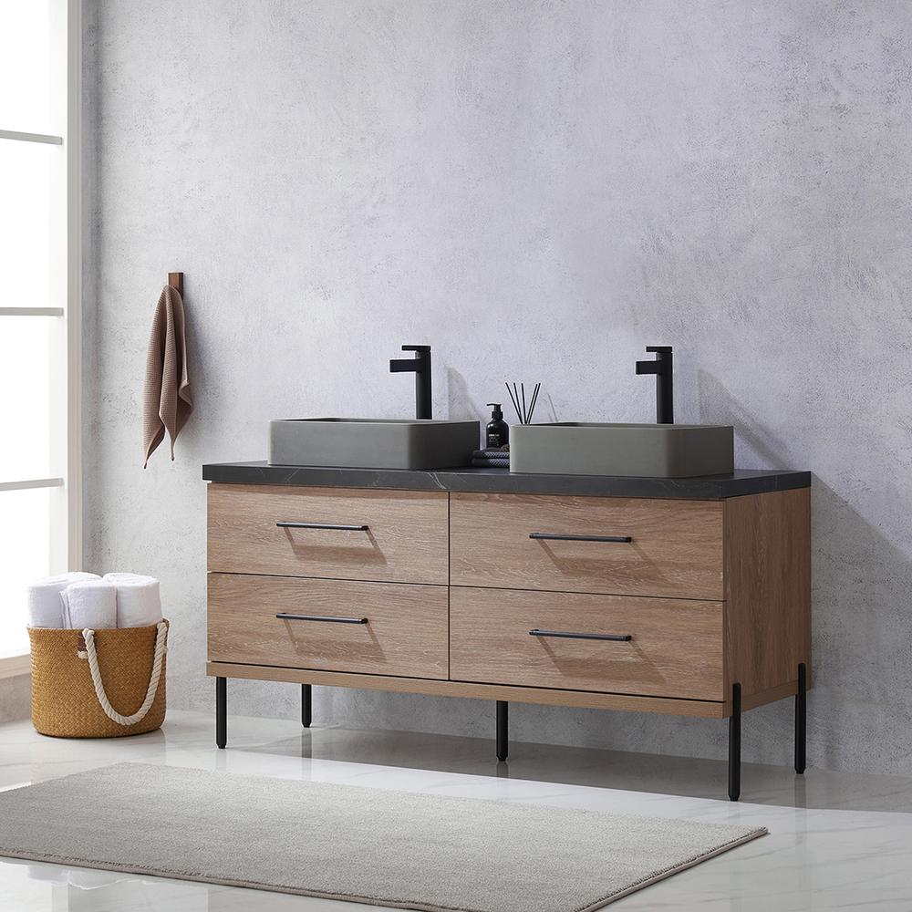Double Sink Bath Vanity with Black Sintered Stone Top with Concrete Sink. Picture 8
