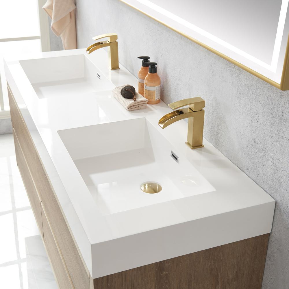 Double Sink Wall-Mount Bath Vanity Composite Integral Sink Top and Mirror. Picture 7