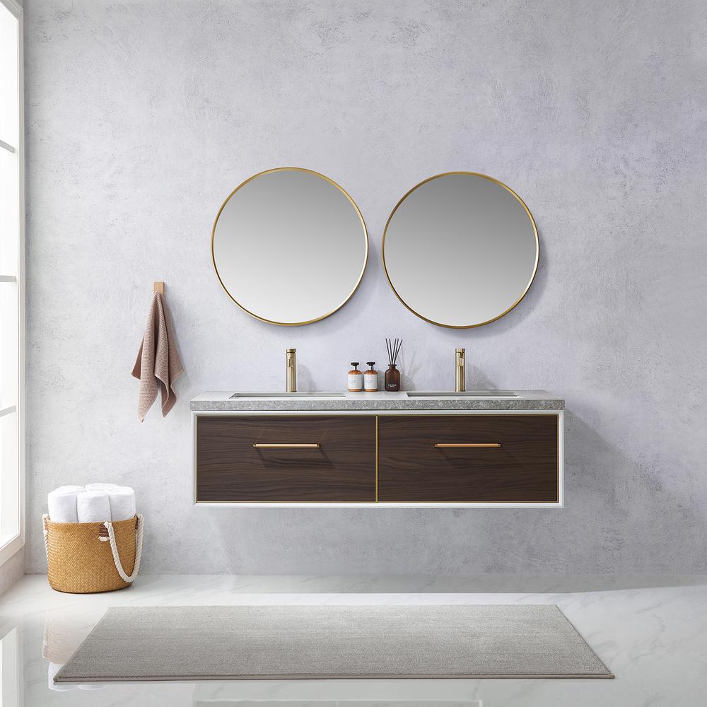 Double Sink Bath Vanity in Dark Walnut with Grey Sintered Stone Top and Mirror. Picture 5