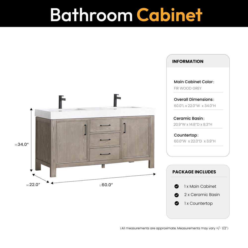 Free-standing Double Bathroom Vanity with Composite top in Lightning White. Picture 17