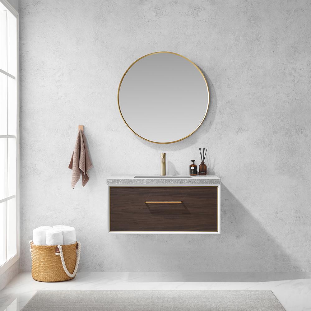 Single Sink Bath Vanity in Dark Walnut with Grey Sintered Stone Top and Mirror. Picture 4