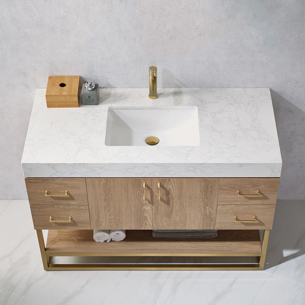 48" Single Vanity with White Grain Stone Countertop Without Mirror. Picture 4