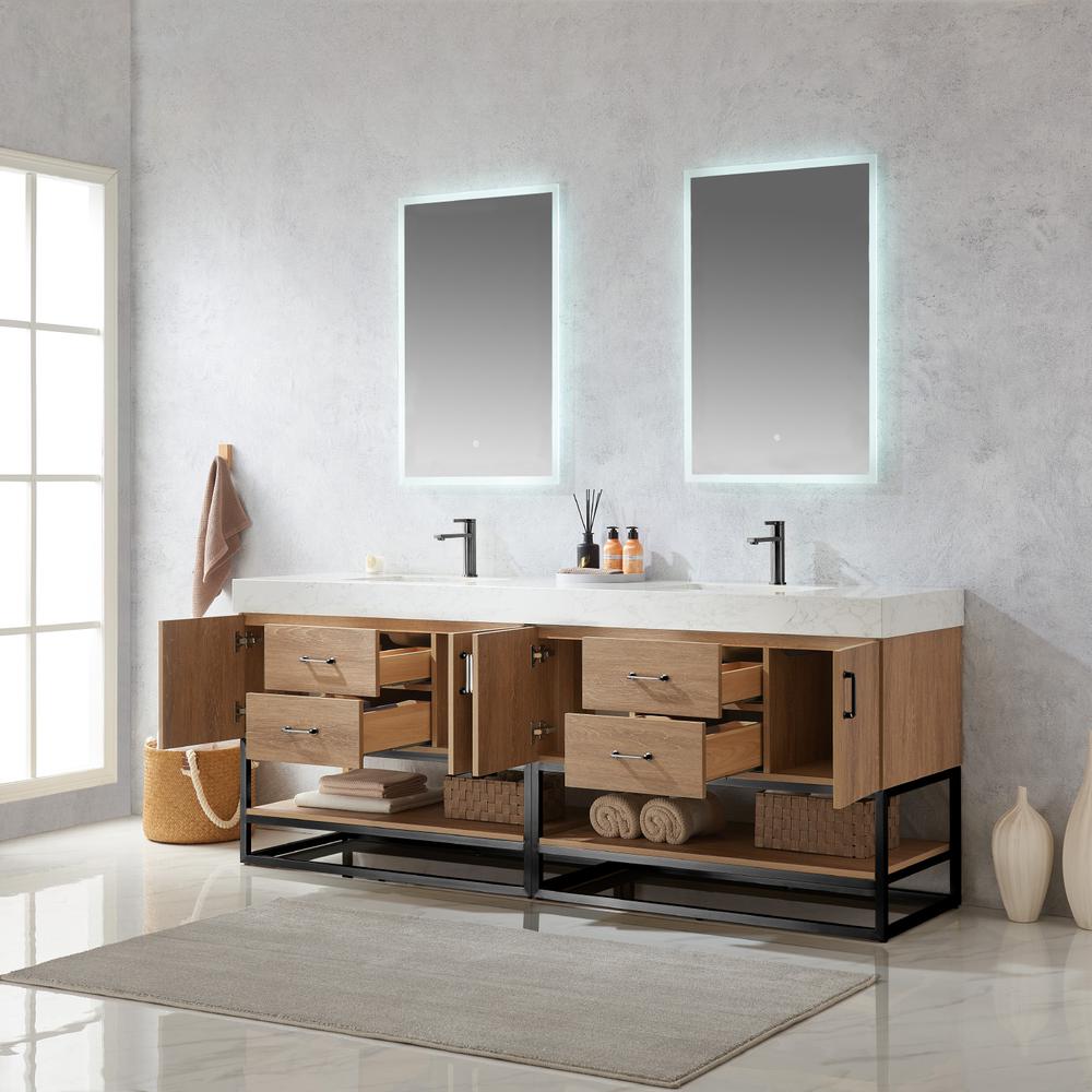 84B" Double Sink Bath Vanity with White Grain Stone Countertop and Mirror. Picture 6