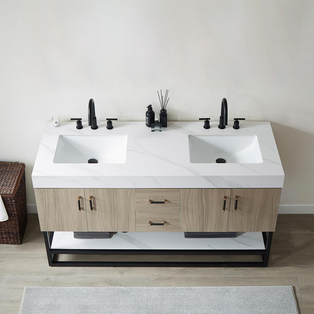 Toledo 60"Double Sink Bath Vanity in Light Walnut with White Sintered Stone Top. Picture 5