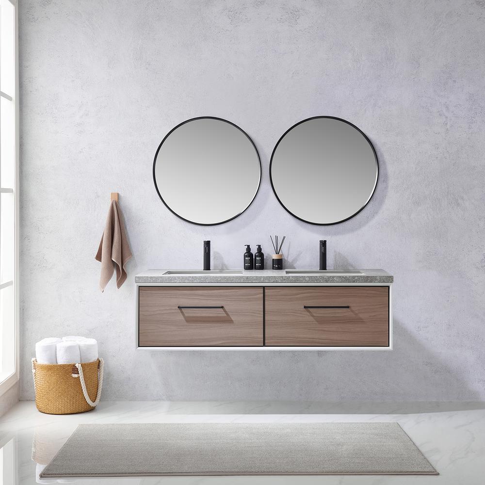Double Sink Bath Vanity in Light Walnut with Grey Sintered Stone Top and Mirror. Picture 4