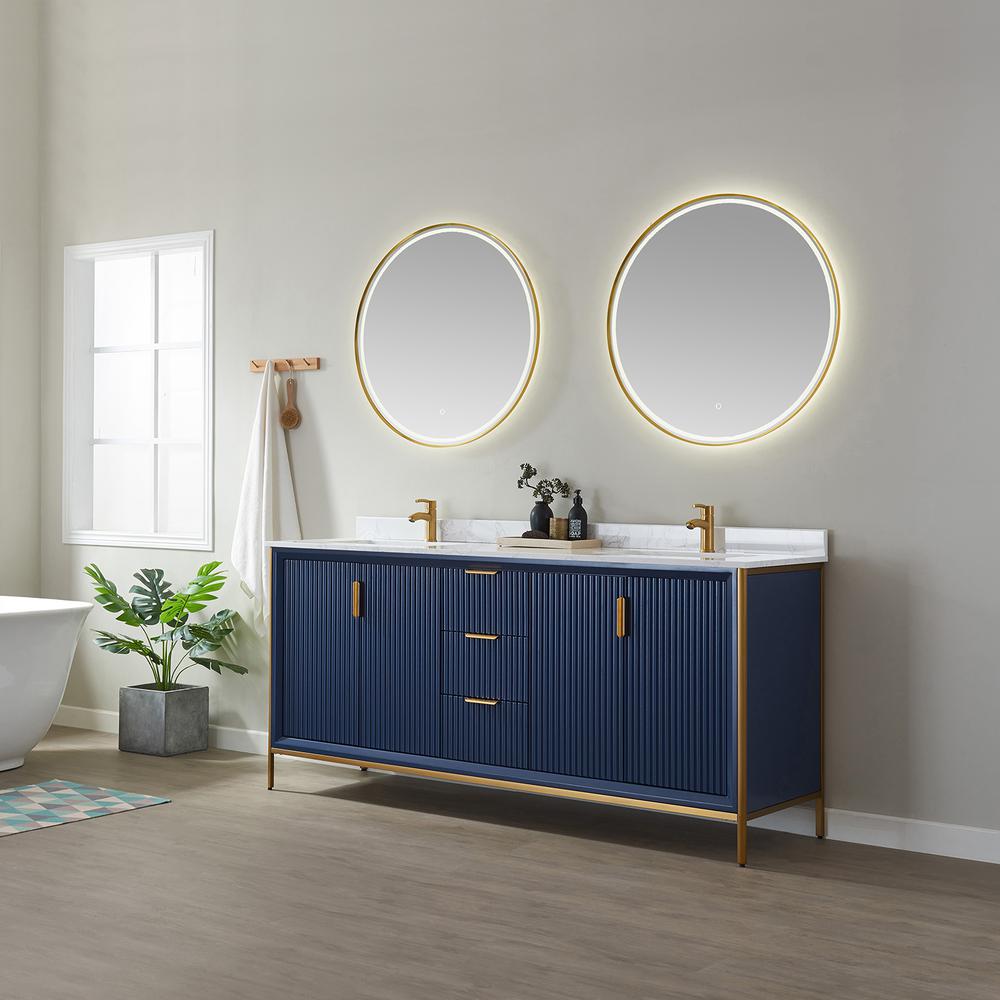 Vanity in Royal Blue with White Composite Grain Stone Countertop With Mirror. Picture 4