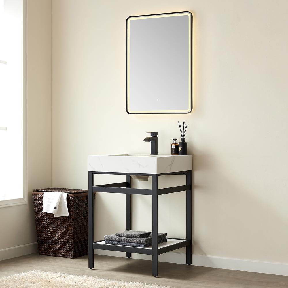 Single Sink Bath Vanity Metal Support with White Sintered Stone Top and Mirror. Picture 4