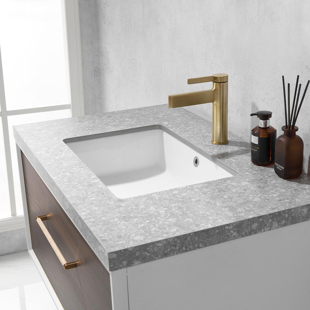 Single Sink Bath Vanity in Dark Walnut  with Grey Sintered Stone Top. Picture 8