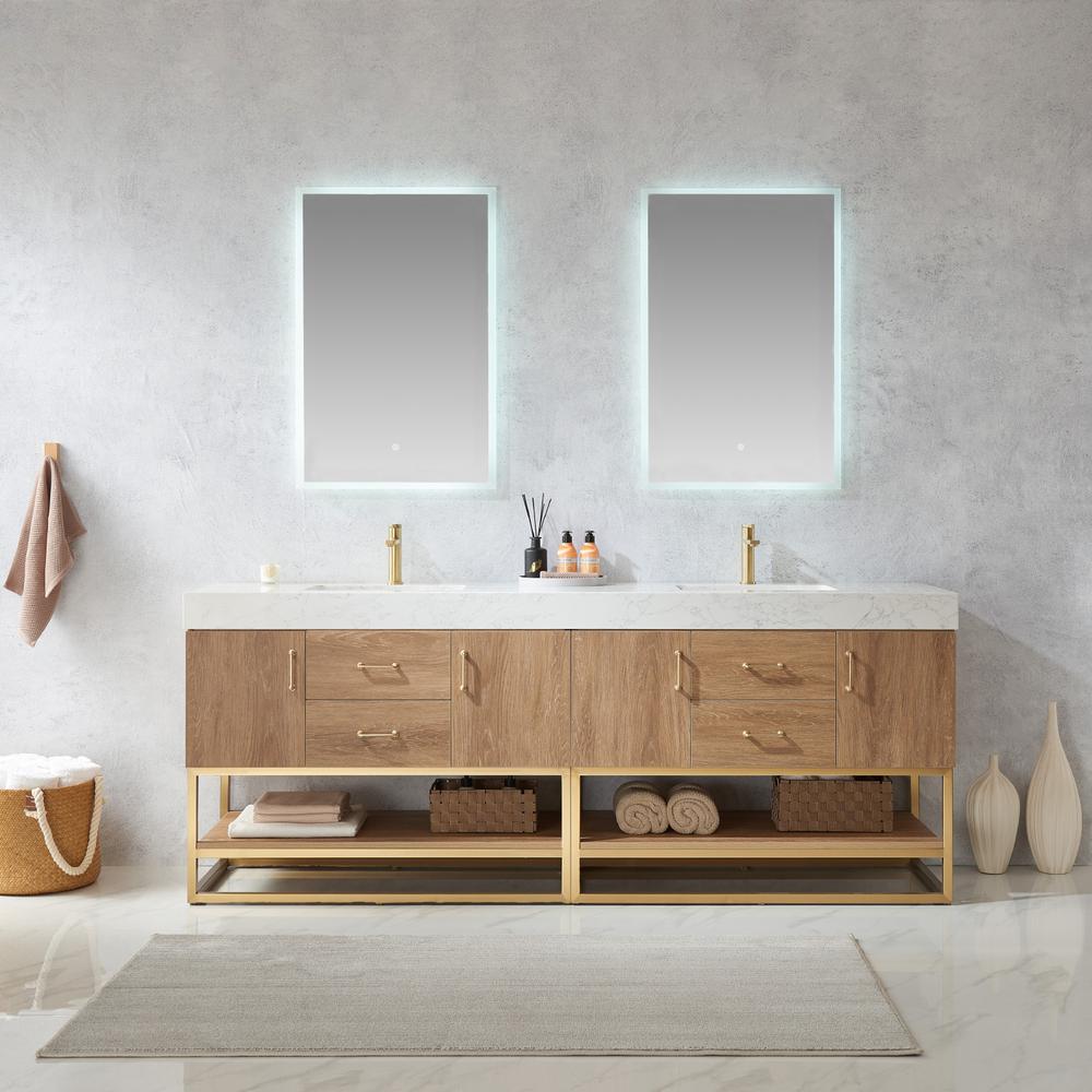 84" Double Sink Bath Vanity with White Grain Stone Countertop and Mirror. Picture 3