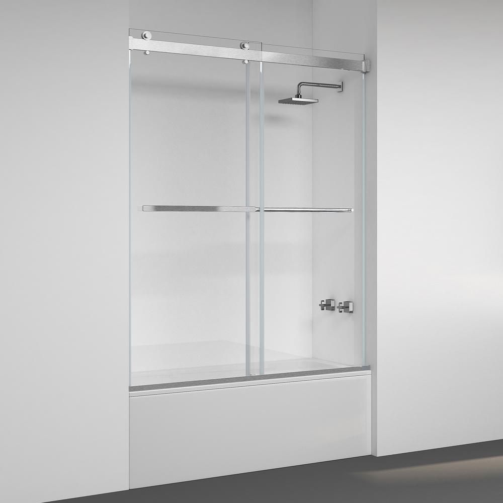 Spezia 60" W x 58" H Double Sliding Frameless Tub Door in Brushed Nickel. Picture 1