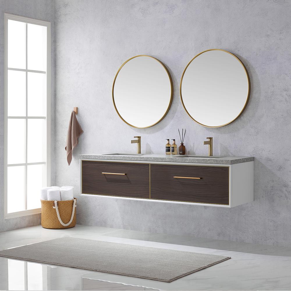 Double Sink Bath Vanity in Dark Walnut with Grey Sintered Stone Top and Mirror. Picture 5