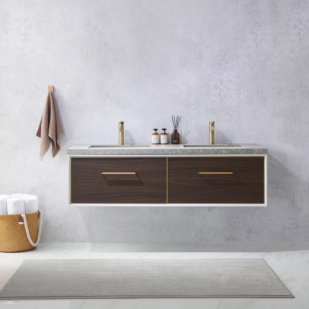 Double Sink Bath Vanity in Dark Walnut  with Grey Sintered Stone Top. Picture 4