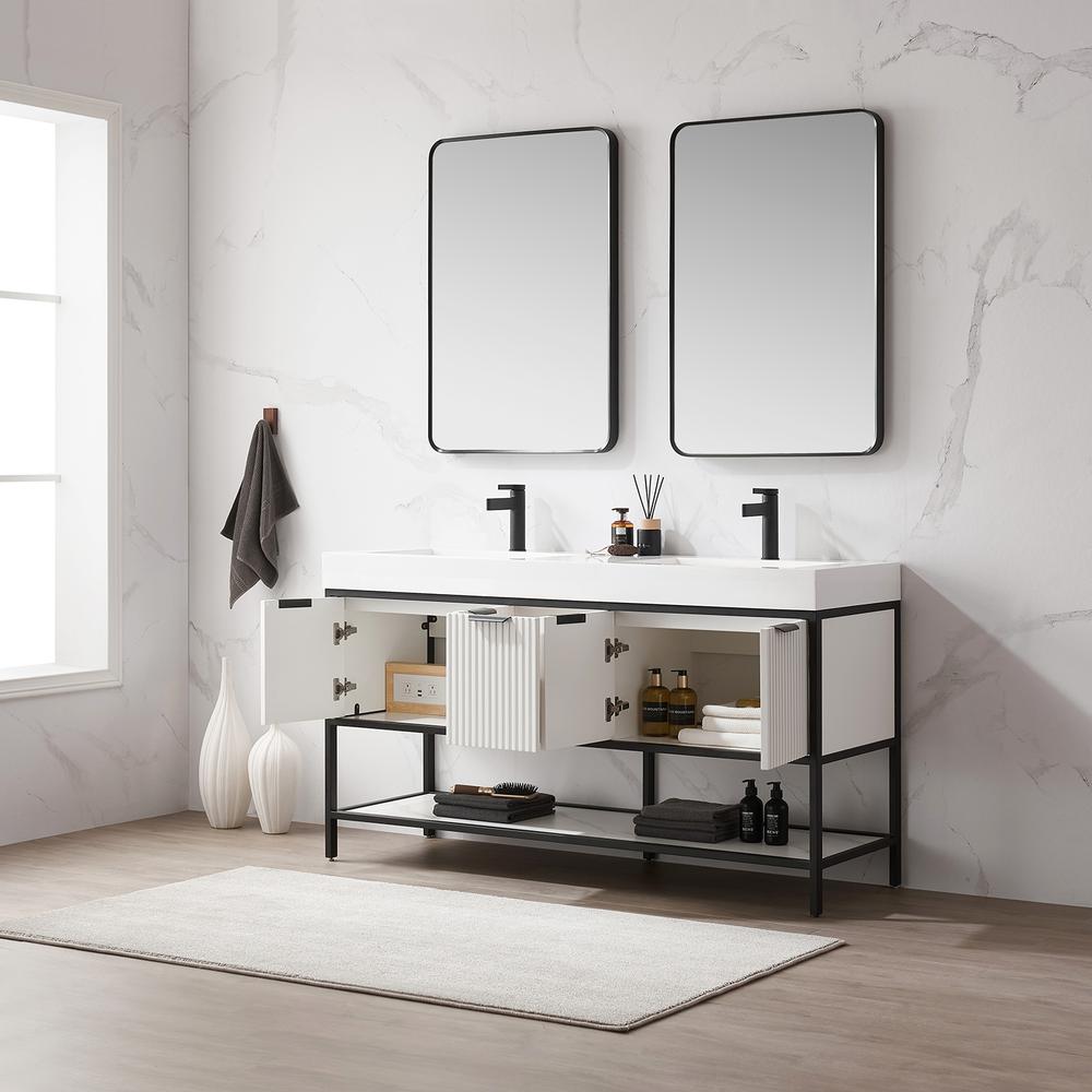 Double Sink Bath Vanity with One-Piece Composite Stone Sink Top and Mirror. Picture 6