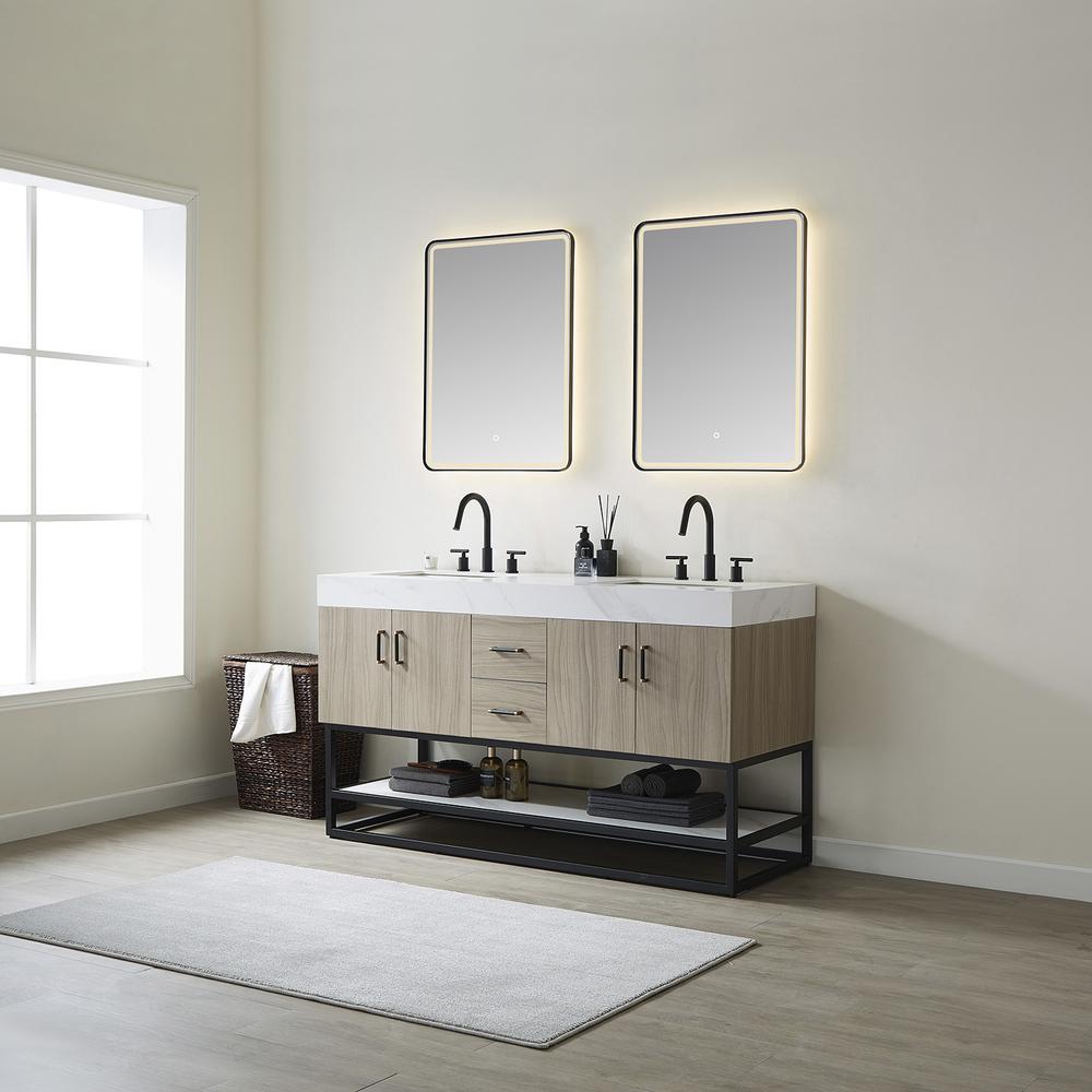 Double Sink Bath Vanity with White Sintered Stone Top and Mirror. Picture 10