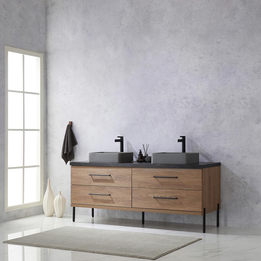 Double Sink Bath Vanity with Black Sintered Stone Top with Concrete Sink. Picture 14