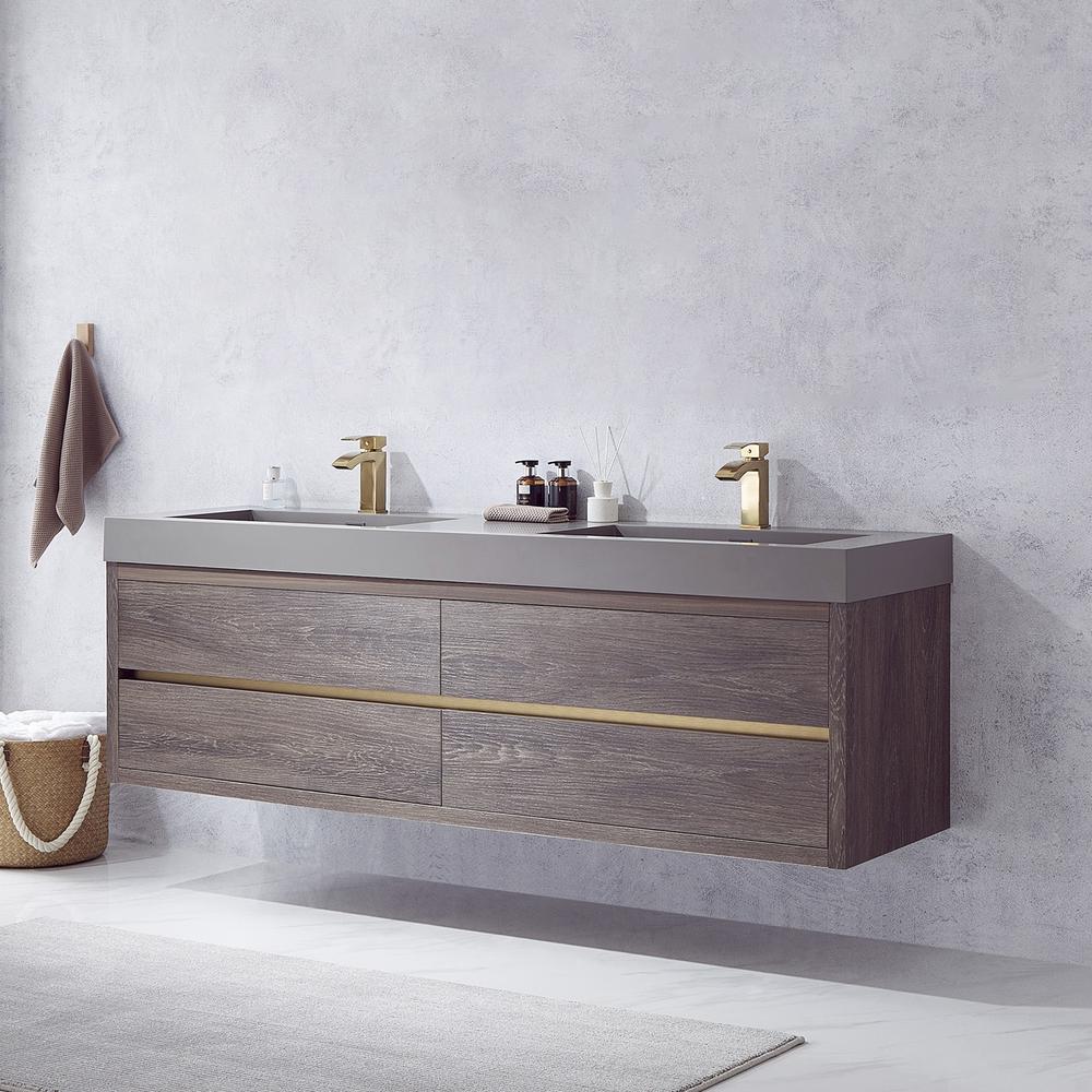 Double Sink Wall-Mount Bath Vanity with Grey Composite Integral Square Sink Top. Picture 4
