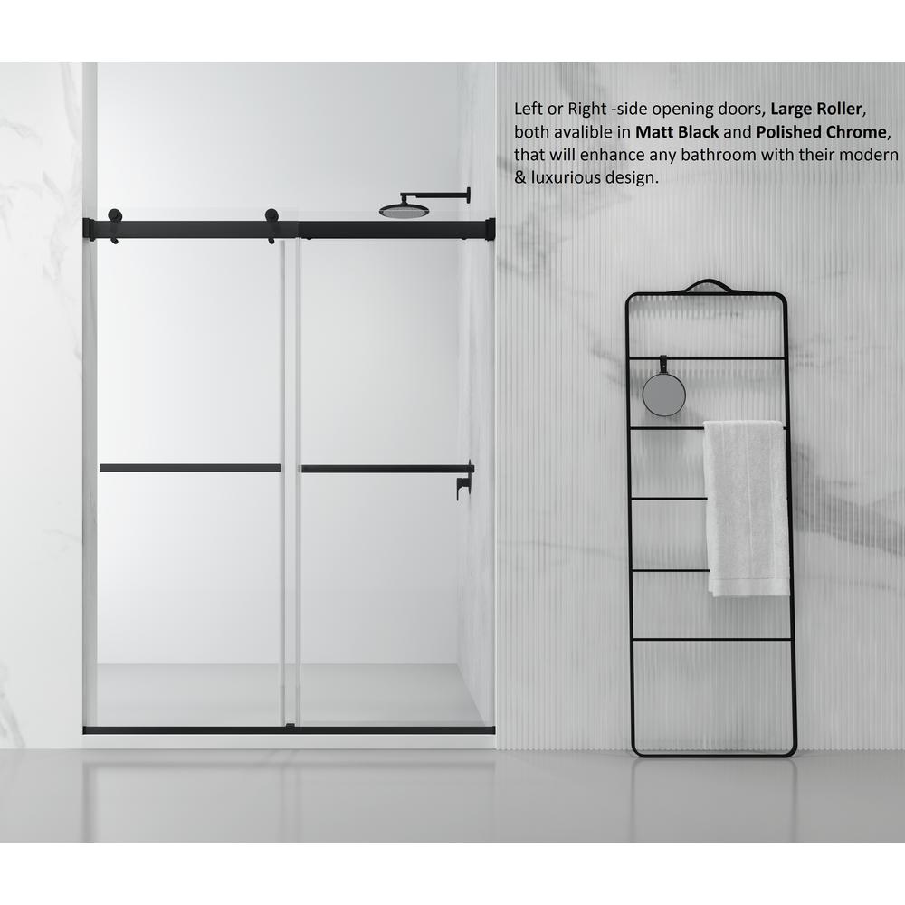 Spezia 60" W x 76" H Double Sliding Frameless Shower Door in Matte Black. Picture 14