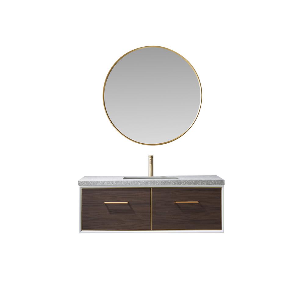 Single Sink Bath Vanity in Dark Walnut with Grey Sintered Stone Top and Mirror. Picture 1