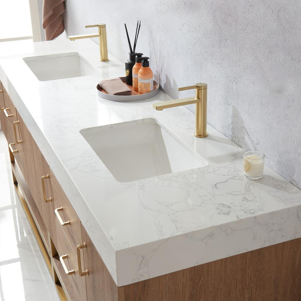 84" Double Sink Bath Vanity with White Grain Stone Countertop. Picture 6