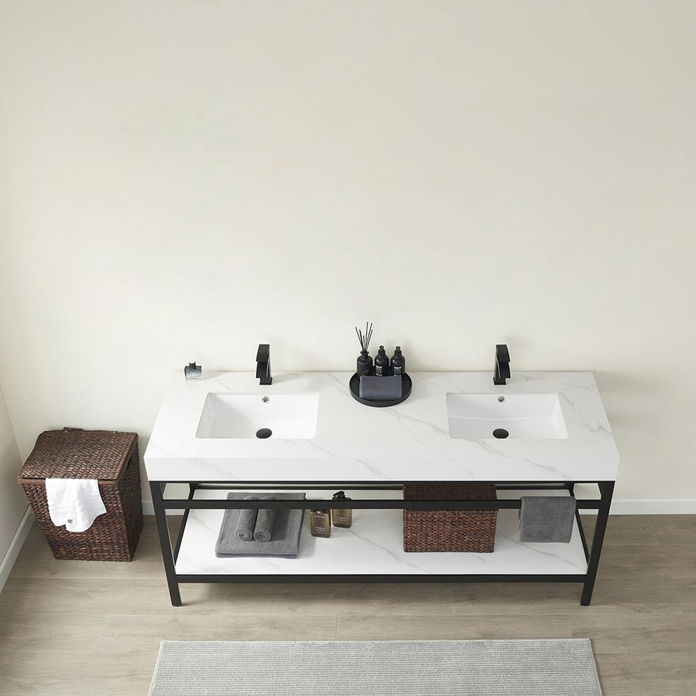 Double Sink Bath Vanity Metal Support with White Sintered Stone Top. Picture 4
