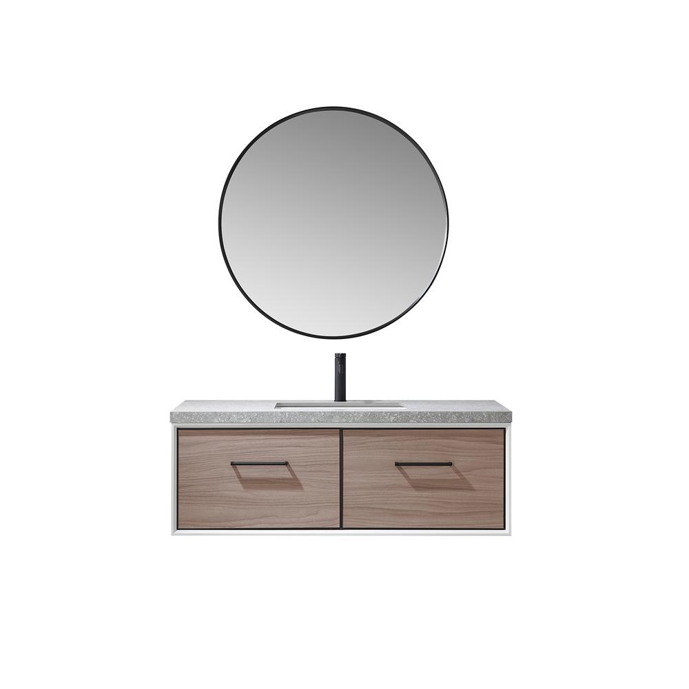 Single Sink Bath Vanity in Light Walnut with Grey Sintered Stone Top and Mirror. Picture 1