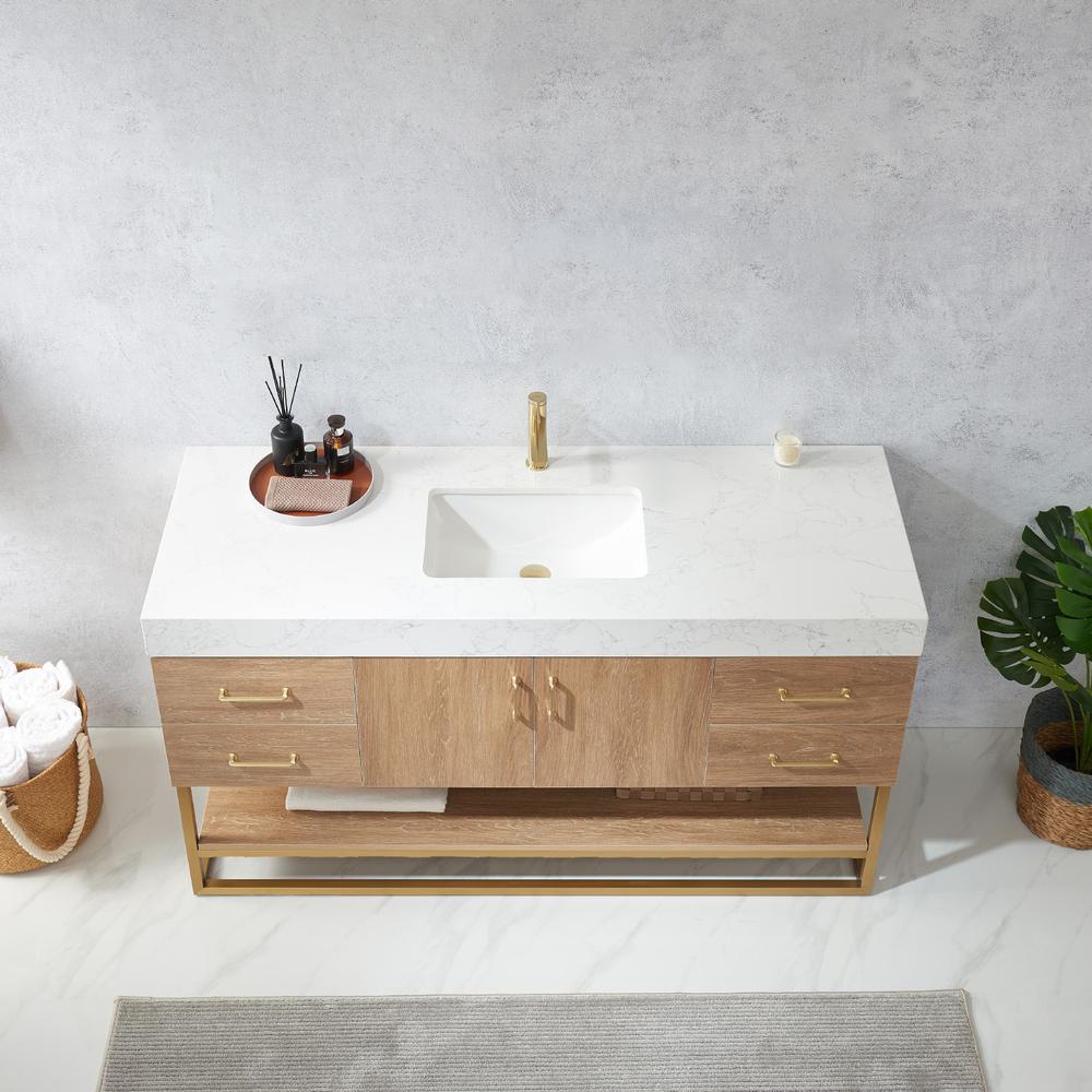 60" Single Sink Bath Vanity with White Grain Stone Countertop. Picture 5