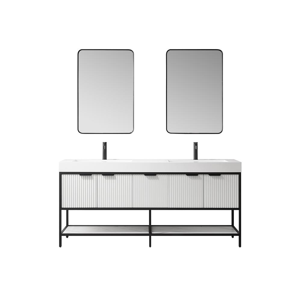Double Sink Bath Vanity with One-Piece Composite Stone Sink Top and Mirror. Picture 1