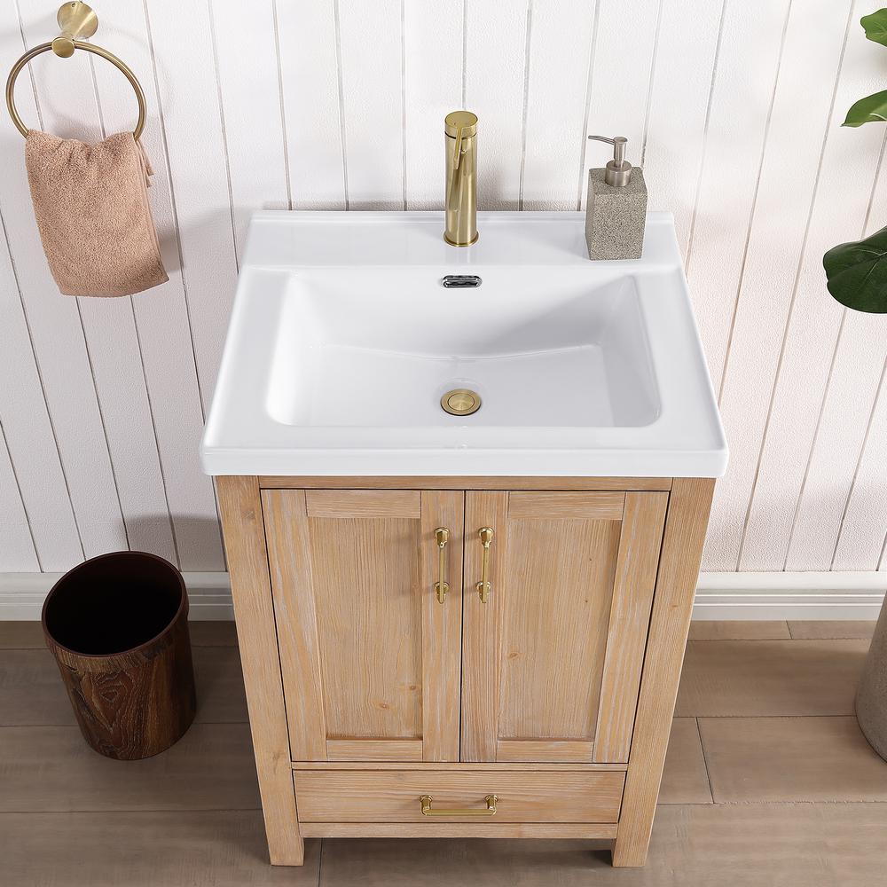 Single Sink Bath Vanity in Fir Wood Brown with Drop-In White Ceramic Basin. Picture 7