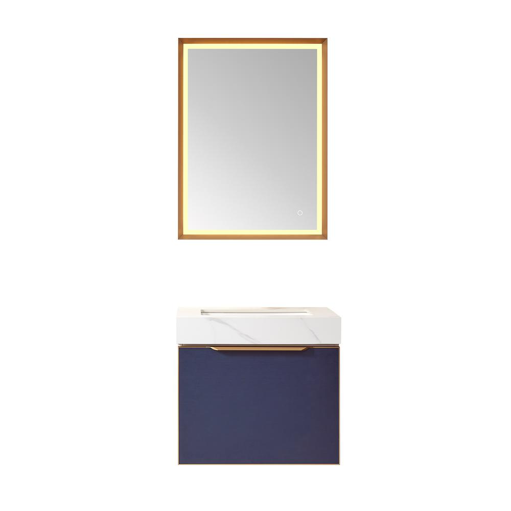 Single Sink Bath Vanity in Blue with White Sintered Stone Top and Mirror. Picture 1