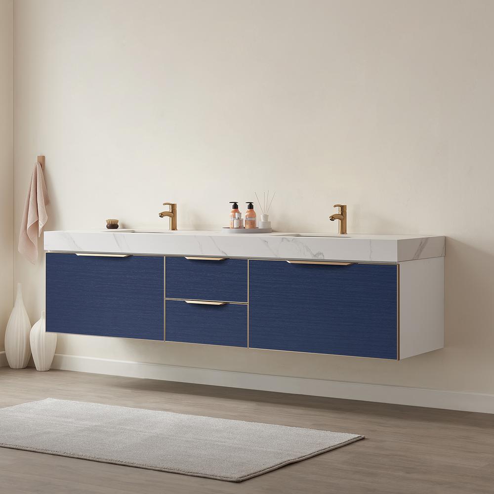 Alicante 84" Double Sink Bath Vanity in Blue with White Sintered Stone Top. Picture 5