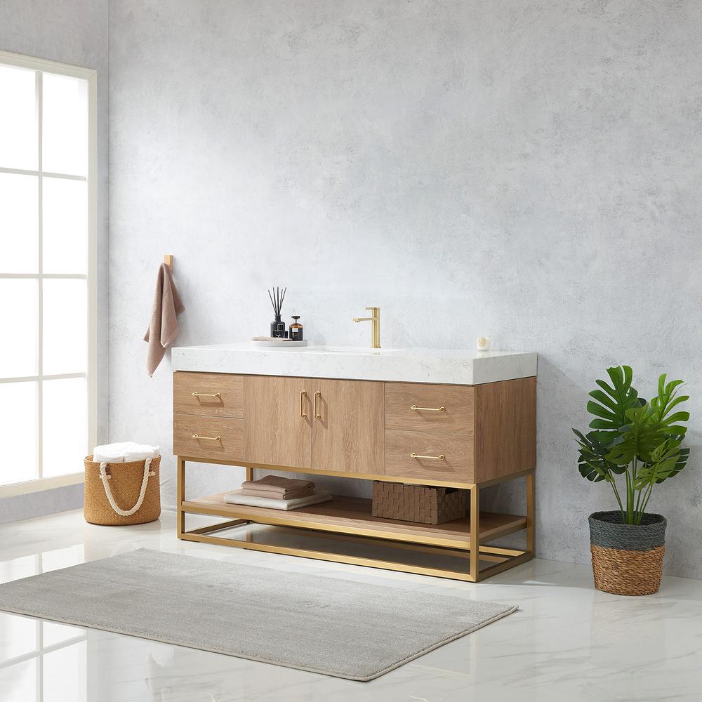 60" Single Sink Bath Vanity with White Grain Stone Countertop. Picture 12