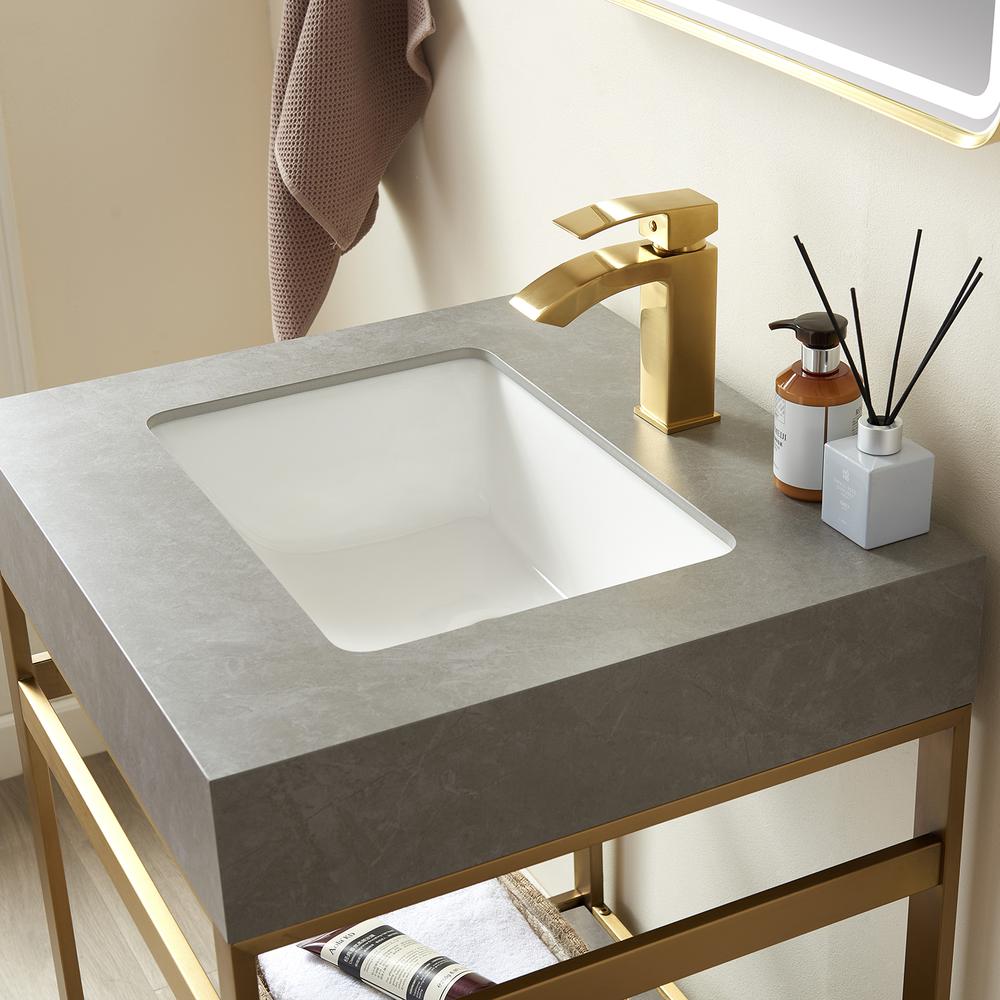 Single Sink Bath Vanity Metal Support with Grey Sintered Stone Top and Mirror. Picture 6