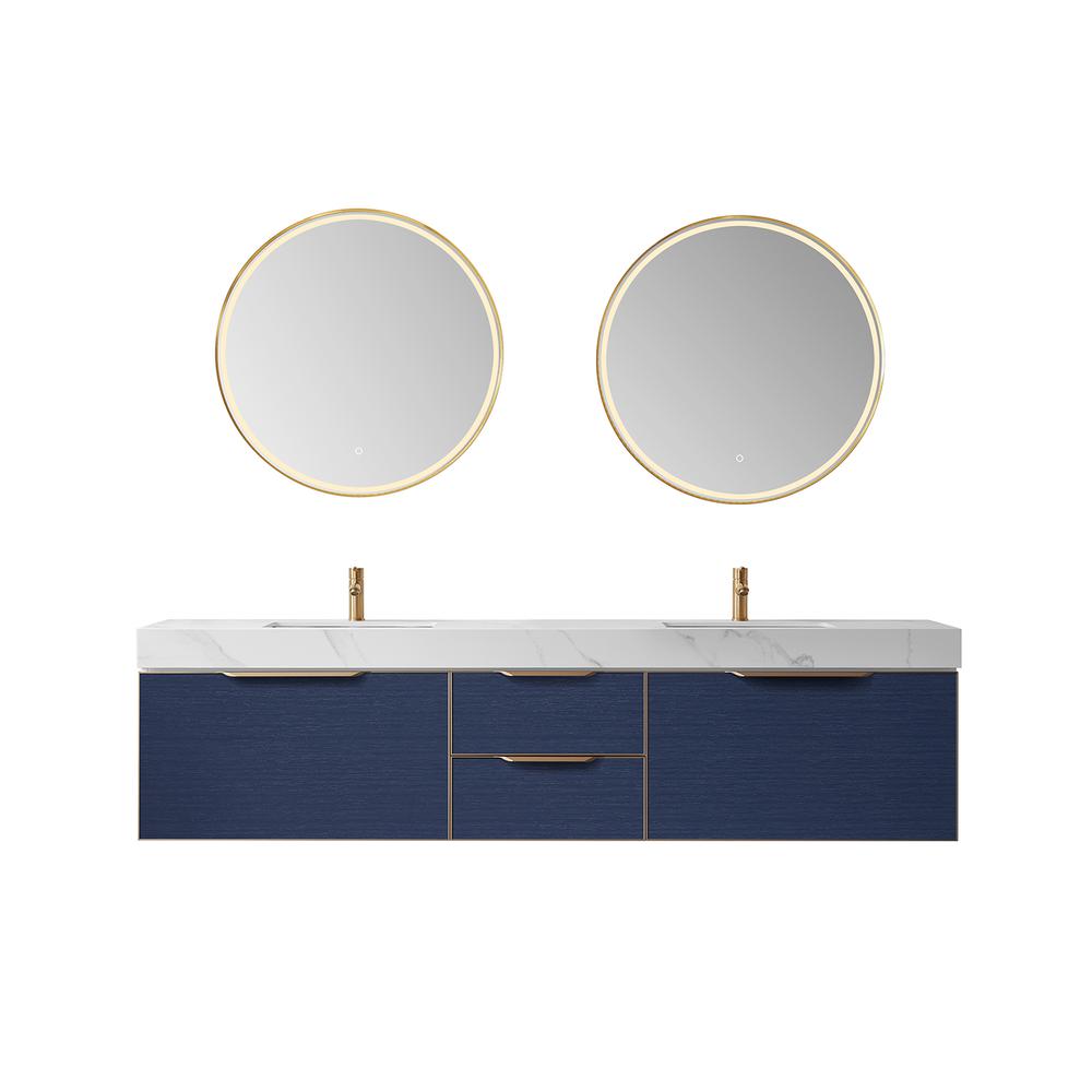 Double Sink Bath Vanity in Blue with White Sintered Stone Top and Mirror. Picture 1