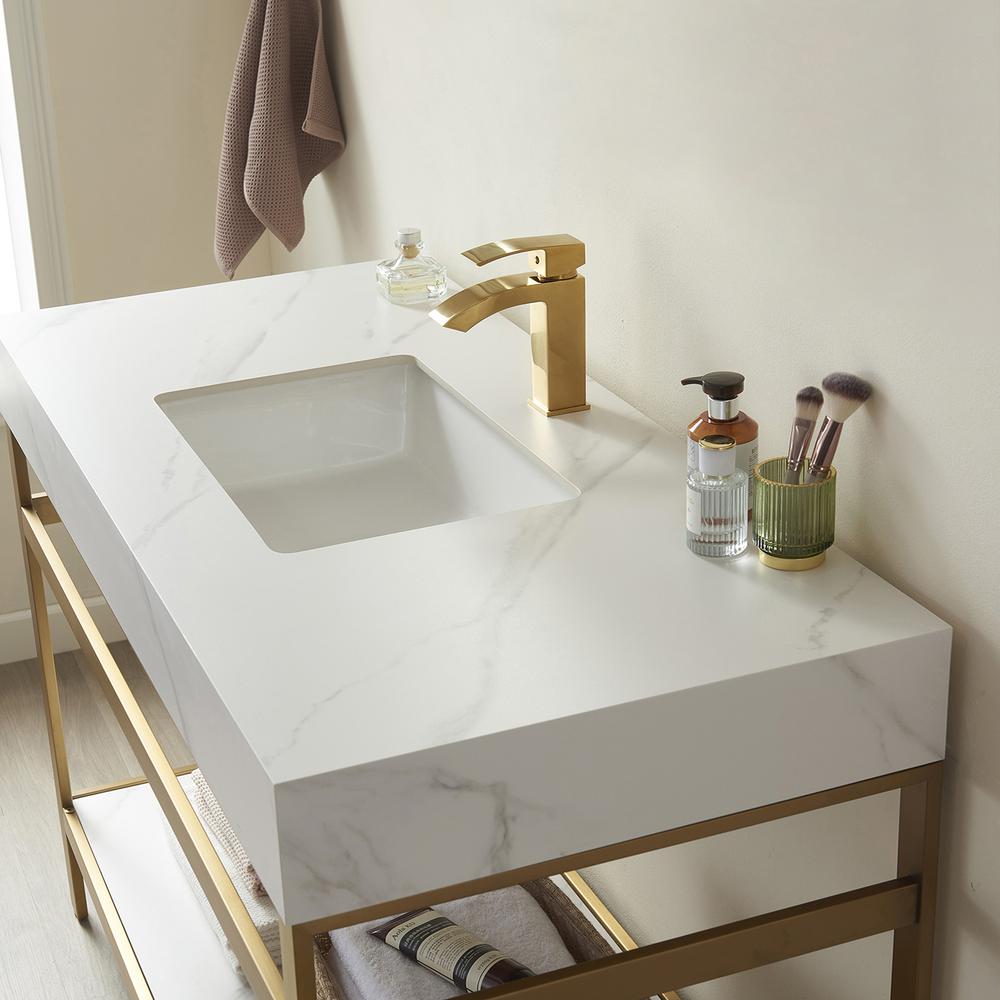Single Sink Bath Vanity Metal Support with White Sintered Stone Top. Picture 5