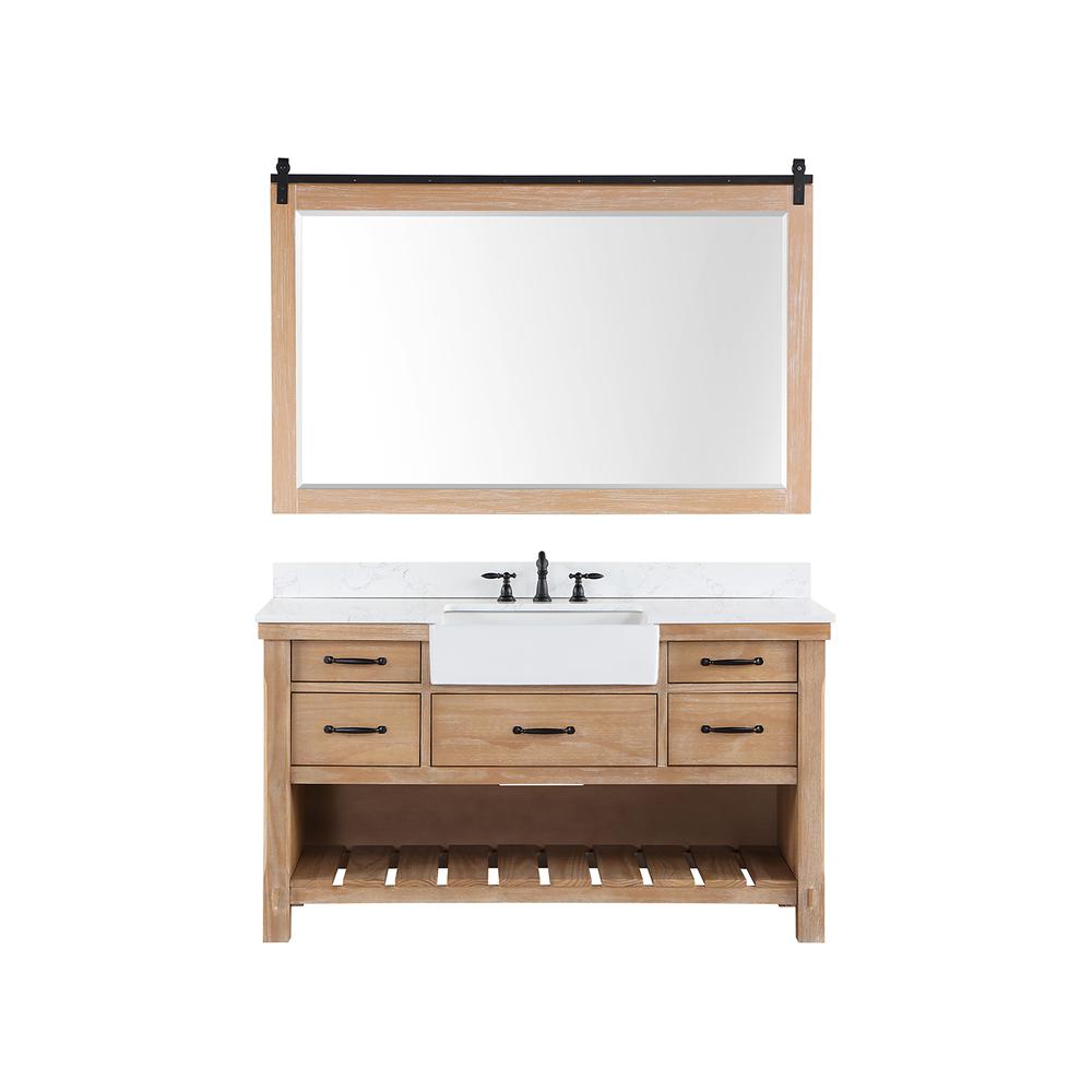 Single Bath Vanity with Composite Stone Top, White Farmhouse Basin and Mirror. Picture 1