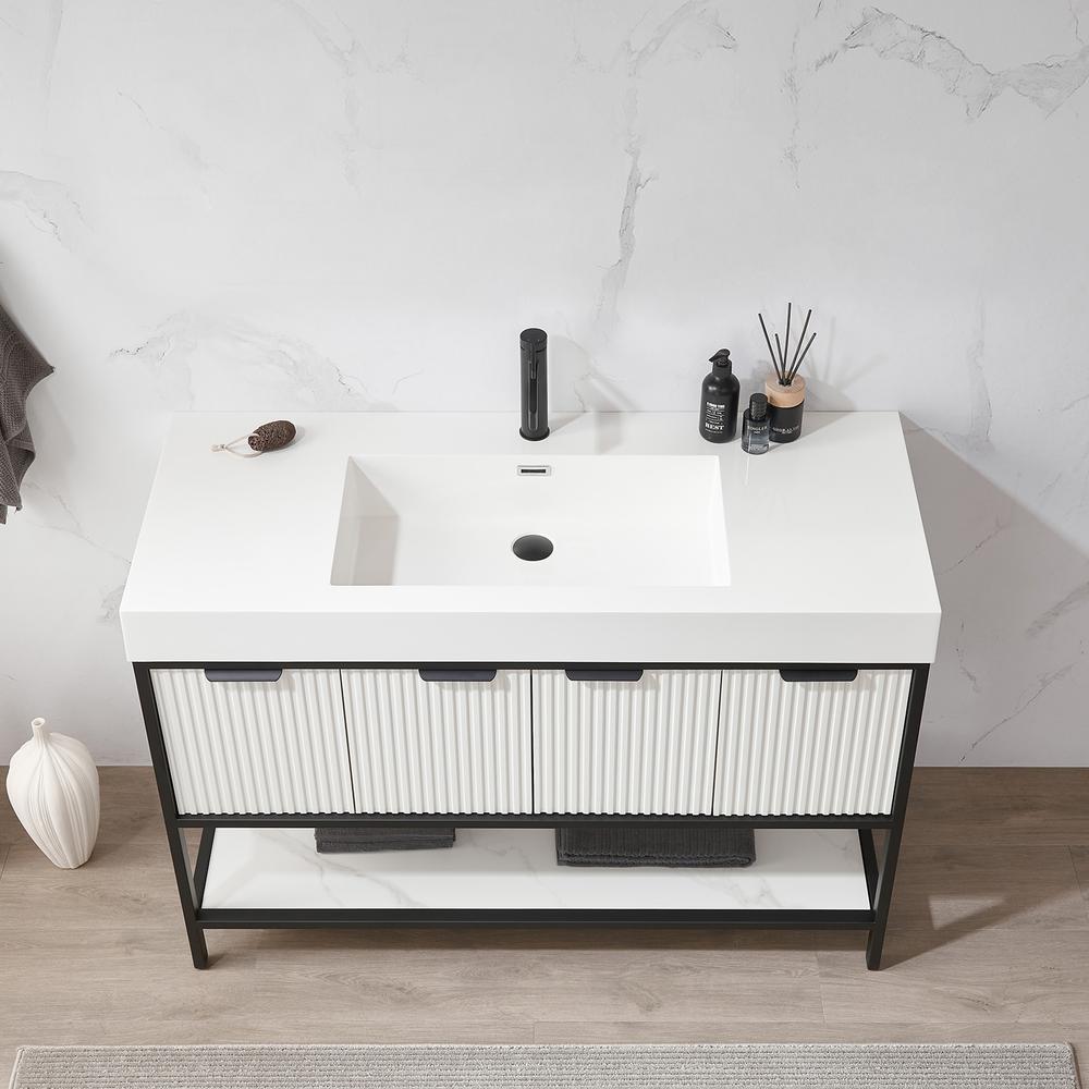 Single Sink Bath Vanity in White with One-Piece Composite Stone Sink Top. Picture 7