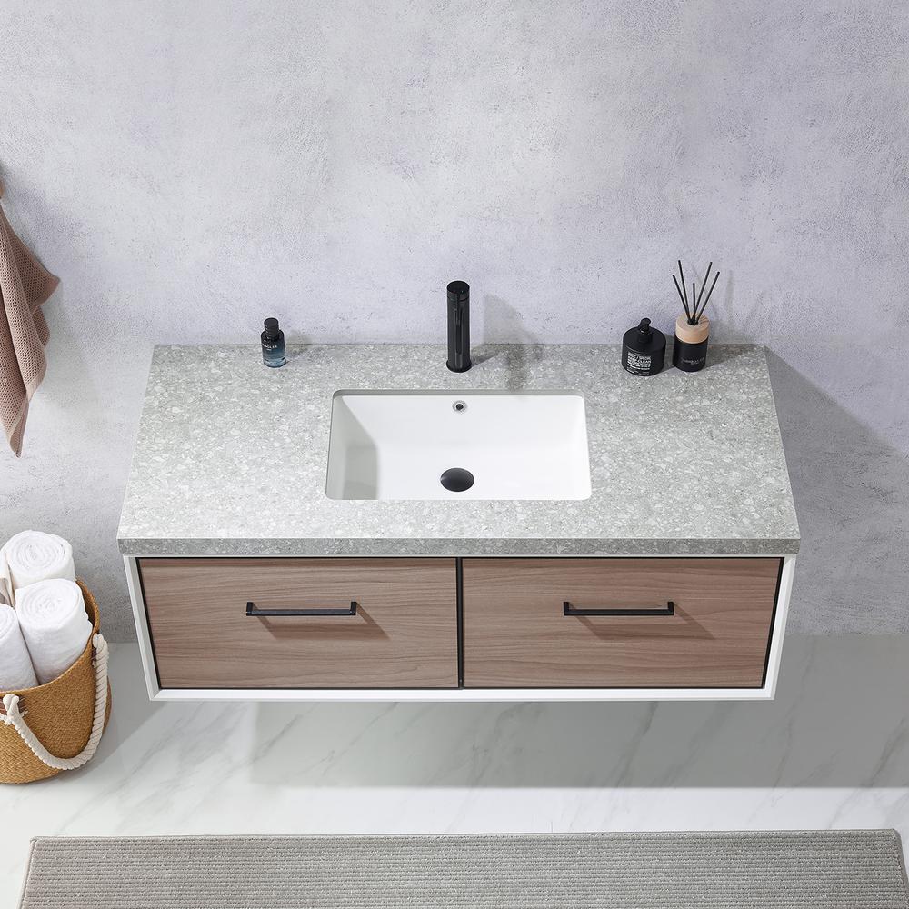 Single Sink Bath Vanity in Light Walnut with Grey Sintered Stone Top. Picture 6
