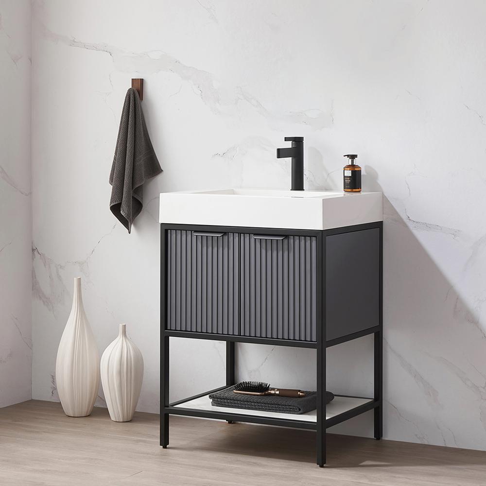 Single Sink Bath Vanity in Grey with One-Piece Composite Stone Sink Top. Picture 5